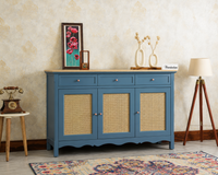 Maison Wooden Cane Premium Sideboard – Large 3 Drawer Storage Cabinet with Doors China Blue
