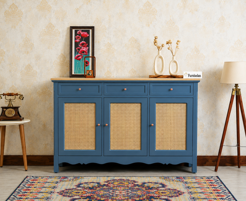 Maison Wooden Cane Premium Sideboard – Large 3 Drawer Storage Cabinet with Doors