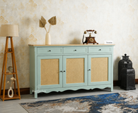 Maison Wooden Cane Premium Sideboard – Large 3 Drawer Storage Cabinet with Doors Silt Green