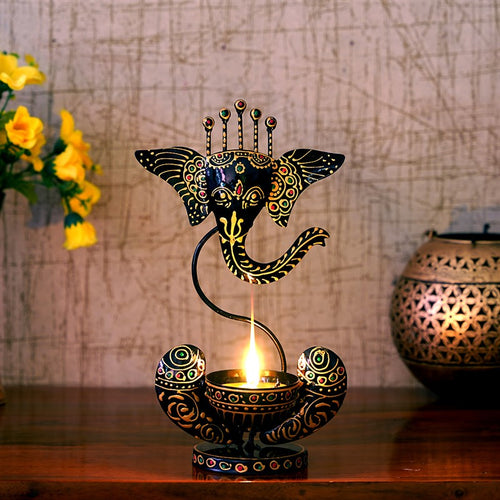 Black Iron Ganesha Diya Stand Furniselan