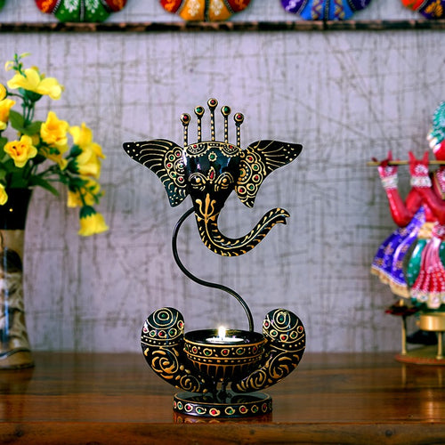 Black Iron Ganesha Diya Stand Furniselan