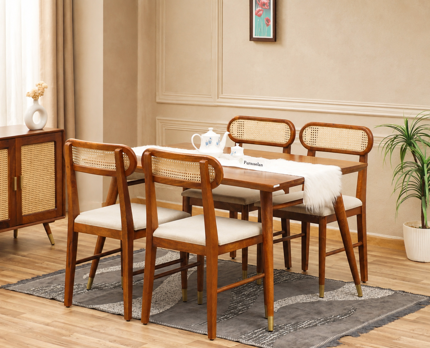Boston Solid Wood Rattan Cane Dining Table Four Seater Set Furniselan Brown-Finish