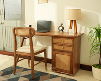 Boston Wooden Rattan Cane Study Laptop Table Desk with Two Drawer and One Door With Chair Natural Oak Finish