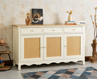Maison Wooden Cane Premium Sideboard – Large 3 Drawer Storage Cabinet with Doors Frosty White