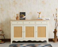 Maison Wooden Cane Premium Sideboard – Large 3 Drawer Storage Cabinet with Doors Frosty White