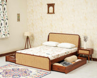 Maui Solid Mango Wood Queen Size Bed with Storage Trolly Brown Finish