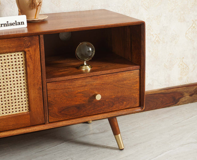 Boston Solid Wood Rattan Cane Tv Cabinet with Two Doors and Four Drawers - Tv Cabinet - Furniselan Brown-Finish