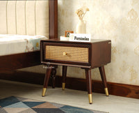 Boston Wooden Rattan Cane One Drawer Bedside Table Grey Finish