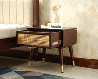Boston Wooden Rattan Cane One Drawer Bedside Table Grey Finish