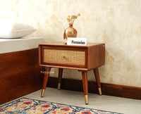 Boston Wooden Rattan Cane One Drawer Bedside Table Brown Finish