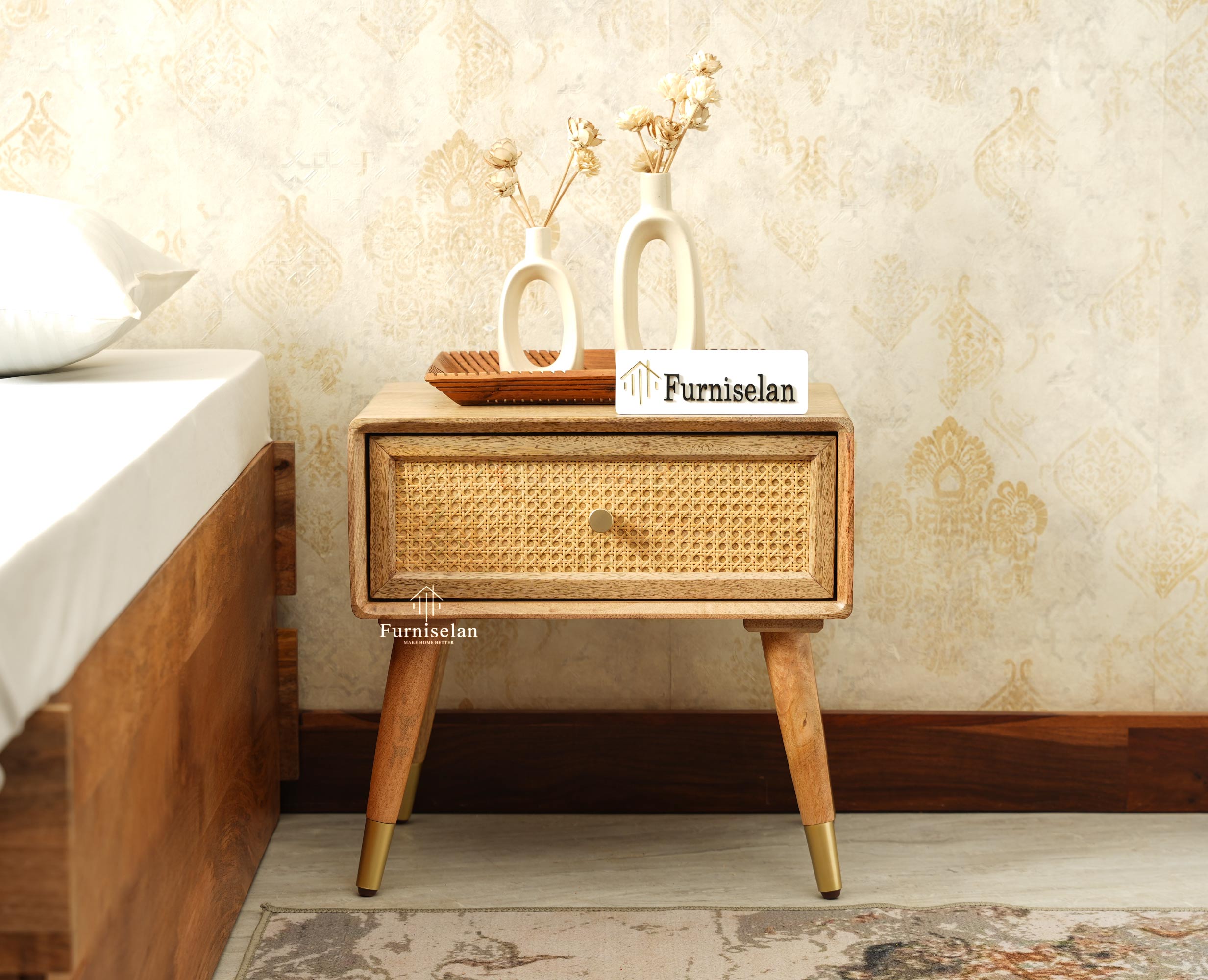 Boston Wooden Rattan Cane One Drawer Bedside Table Natural Finish