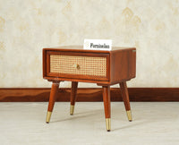 Boston Wooden Rattan Cane One Drawer Bedside Table Brown Finish