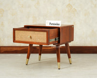 Boston Wooden Rattan Cane One Drawer Bedside Table Brown Finish
