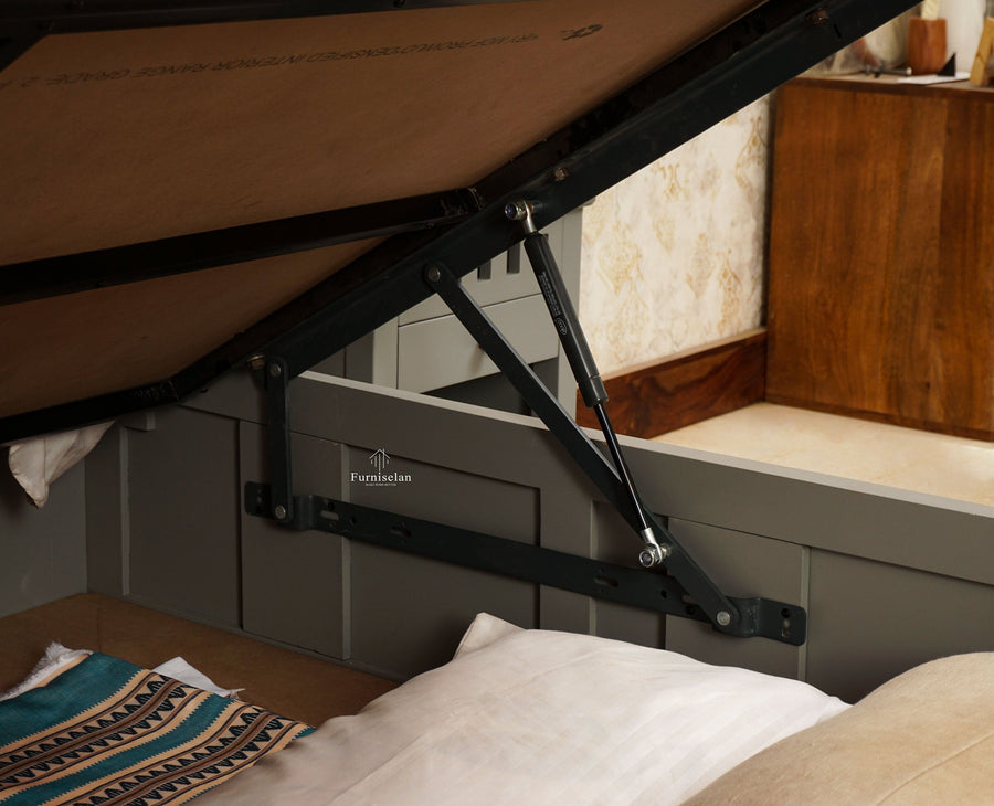 Alexandria Solid Wood Queen Size Bed with Hydraulic Storage Box - Furniselan-Cool-Grey