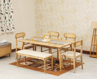 Boston Solid Wood Rattan Cane Dining Table Six Seater Set with Bench - Dining Set - Furniselan Natural-Finish