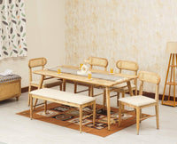 Boston Solid Wood Rattan Cane Dining Table Six Seater Set with Bench - Dining Set - Furniselan Natural-Finish