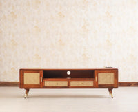 Boston Solid Wood Rattan Cane Tv Cabinet with Two Doors and Two Drawers - Tv Cabinet - Furniselan-Brown-Finish