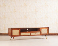Boston Solid Wood Rattan Cane Tv Cabinet with Two Doors and Two Drawers - Tv Cabinet - Furniselan-Brown-Finish