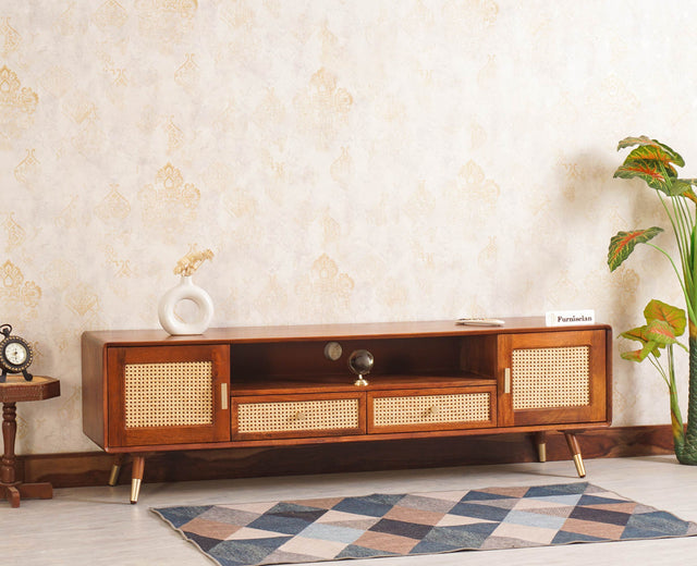 Boston Solid Wood Rattan Cane Tv Cabinet with Two Doors and Two Drawers - Tv Cabinet - Furniselan-Brown-Finish