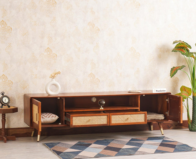 Boston Solid Wood Rattan Cane Tv Cabinet with Two Doors and Two Drawers - Tv Cabinet - Furniselan-Brown-Finish