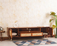Boston Solid Wood Rattan Cane Tv Cabinet with Two Doors and Two Drawers - Tv Cabinet - Furniselan-Brown-Finish