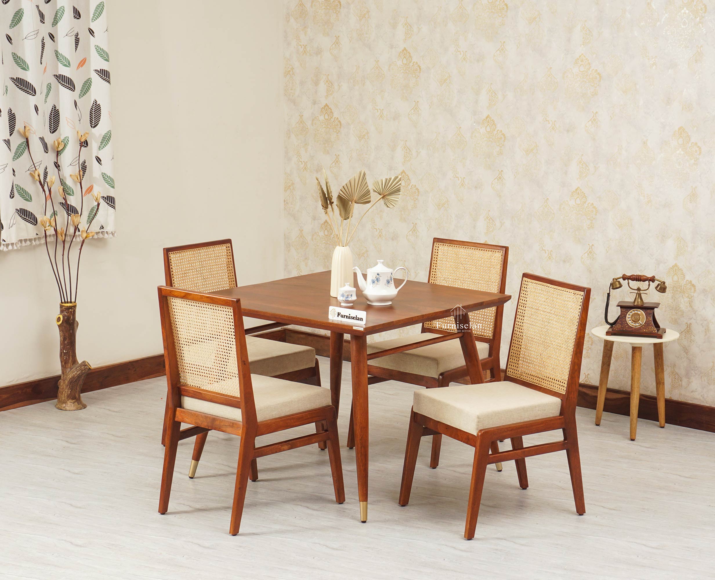 Boston Solid Wood Rattan Cane Dining Table Set Four Seater Square Furniselan Brown-Finish