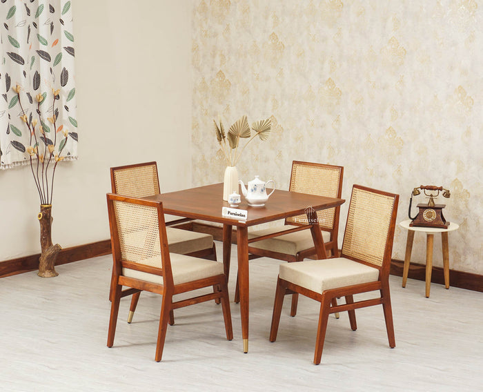 Boston Solid Wood Rattan Cane Dining Table Set Four Seater Square Furniselan Brown-Finish