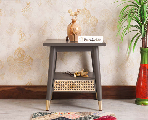 Boston solid wood rattan side table with one drawer Furniselan Slate-Grey