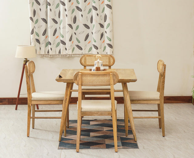 Boston Solid Wood Rattan Cane Dining Table Four Seater Set Square Furniselan Natural-Finish