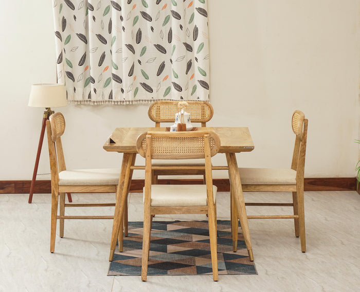 Boston Solid Wood Rattan Cane Dining Table Four Seater Set Square Furniselan Natural-Finish