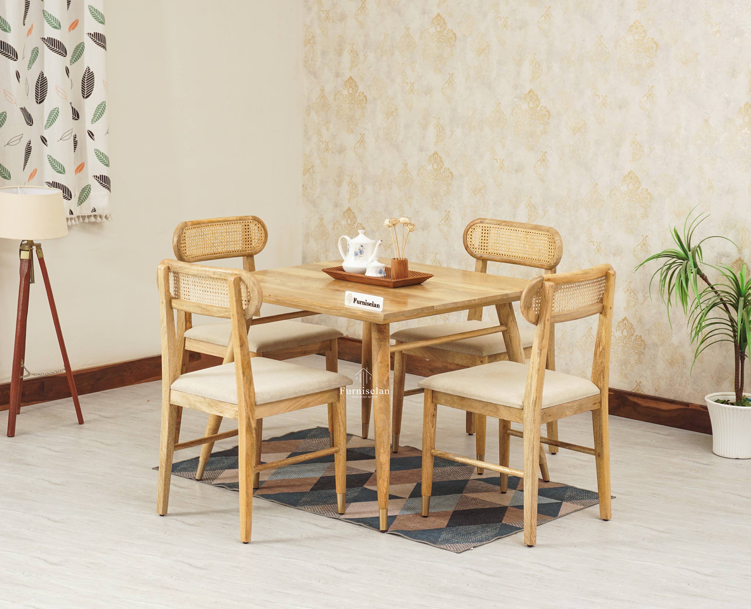 Boston Solid Wood Rattan Cane Dining Table Four Seater Set Square Furniselan Natural-Finish