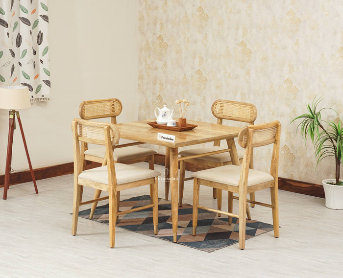 Boston Solid Wood Rattan Cane Dining Table Four Seater Set Square Furniselan Natural-Finish