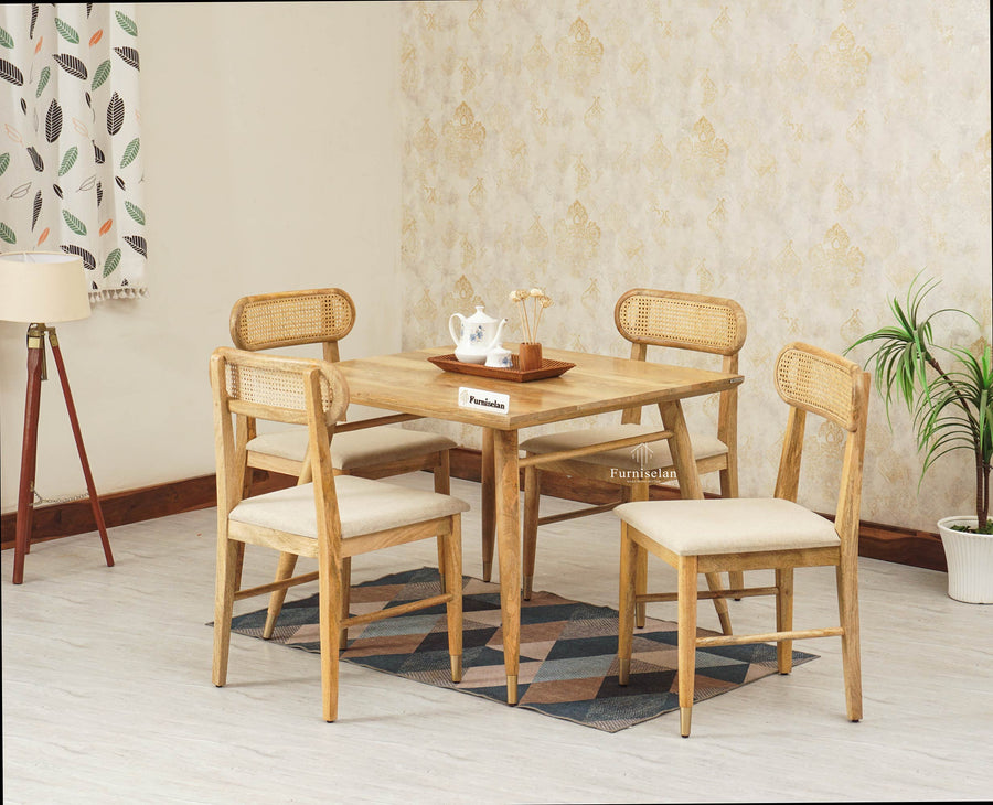 Boston Solid Wood Rattan Cane Dining Table Four Seater Set Square Furniselan Natural-Finish