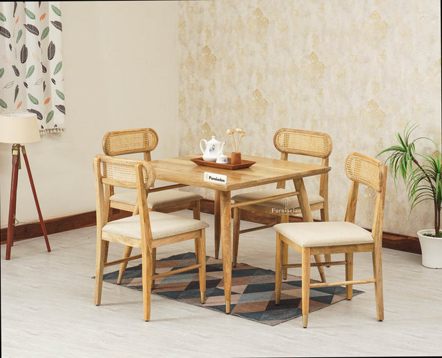 Boston Solid Wood Rattan Cane Dining Table Four Seater Set Square Furniselan Natural-Finish