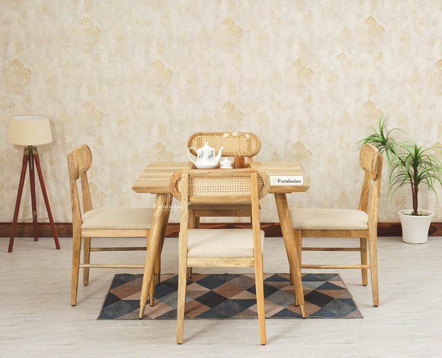 Boston Solid Wood Rattan Cane Dining Table Four Seater Set Square Furniselan Natural-Finish