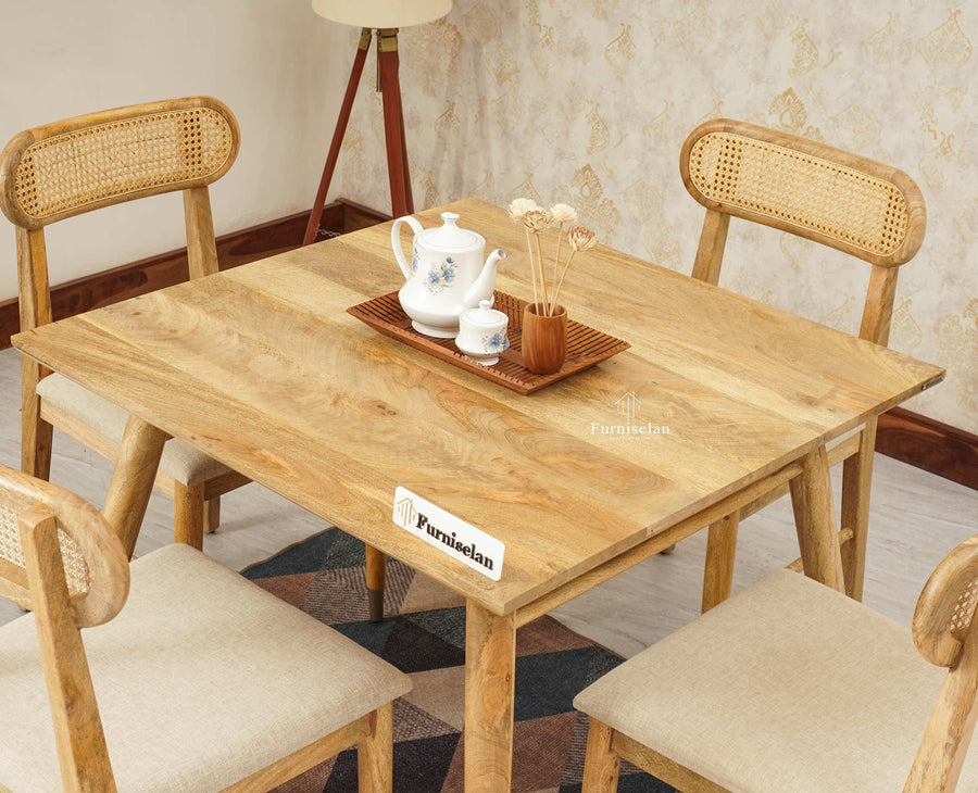 Boston Solid Wood Rattan Cane Dining Table Four Seater Set Square Furniselan Natural-Finish