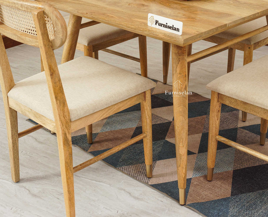 Boston Solid Wood Rattan Cane Dining Table Four Seater Set Square Furniselan Natural-Finish