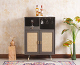 Boston Solid Wood Rattan Cane Bar Cabinet with Glass Holder Storage Furniselan Slate-Grey 