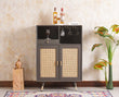 Boston Solid Wood Rattan Cane Bar Cabinet with Glass Holder Storage Furniselan Slate-Grey 