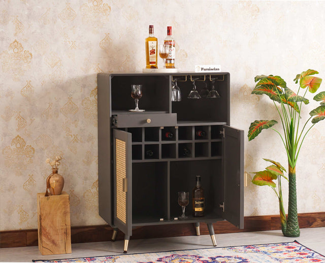 Boston Solid Wood Rattan Cane Bar Cabinet with Glass Holder Storage Furniselan Slate-Grey