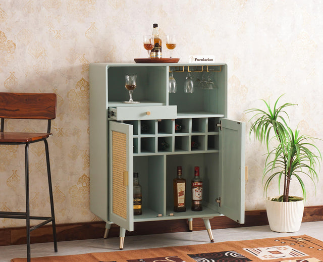 Boston Solid Wood Rattan Cane Bar Cabinet with Glass Holder Storage Furniselan Silt-Green