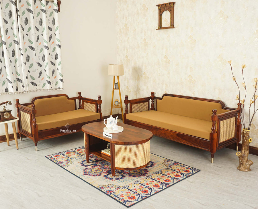 Boston Sheesham Wood Five Seater Sofa Set with Coffee Table Furniselan Brown Finish
