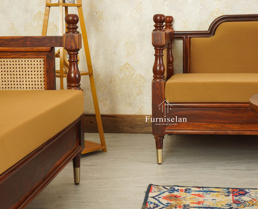 Boston Sheesham Wood Five Seater Sofa Set with Coffee Table Furniselan Brown Finish