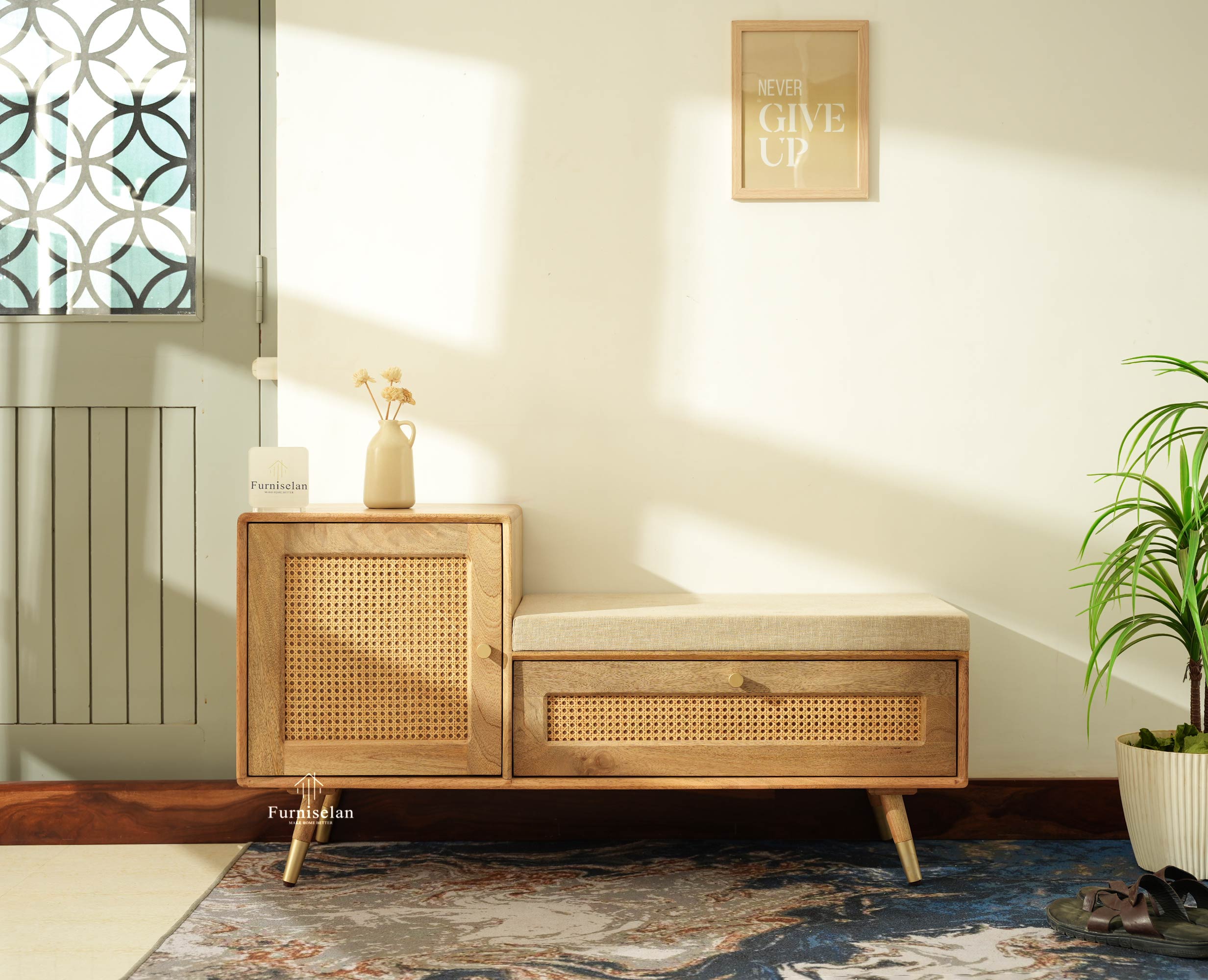 Boston Solid Wood Cane Shoe Storage Bench for Entryway Natural Finish