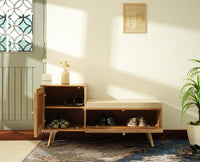Boston Solid Wood Cane Shoe Storage Bench for Entryway Natural Finish