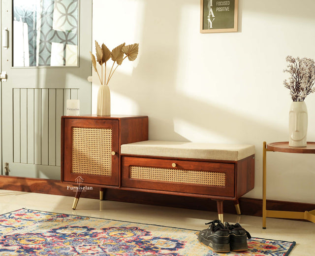 Boston Solid Wood Cane Shoe Storage Bench for Entryway Brown Finish