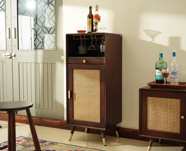 Boston Wooden Rattan Cane Mini Bar Cabinet with Storage Grey Finish