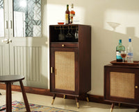 Boston Wooden Rattan Cane Mini Bar Cabinet with Storage Grey Finish