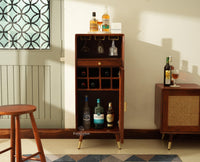Boston Wooden Rattan Cane Mini Bar Cabinet with Storage Brown Finish