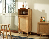 Boston Wooden Rattan Cane Mini Bar Cabinet with Storage Natural Finish